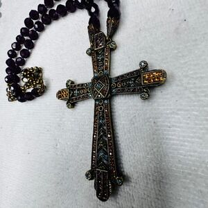 Heidi Daus Cross Necklace Swarovski Crystal Beaded Statement Vintage Multi Color